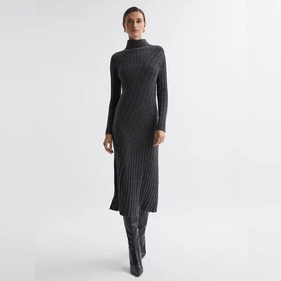 Reiss Cady Knitted Roll Neck Midi Dress Women's Small Cashmere Wool Gray - Picture 1 of 7